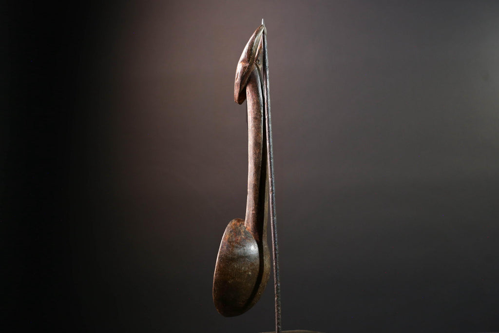 African ceremonial spoon Dan carving with horned animal head long handle tribal prestige ladle art wooden decorative African utensil-G5552