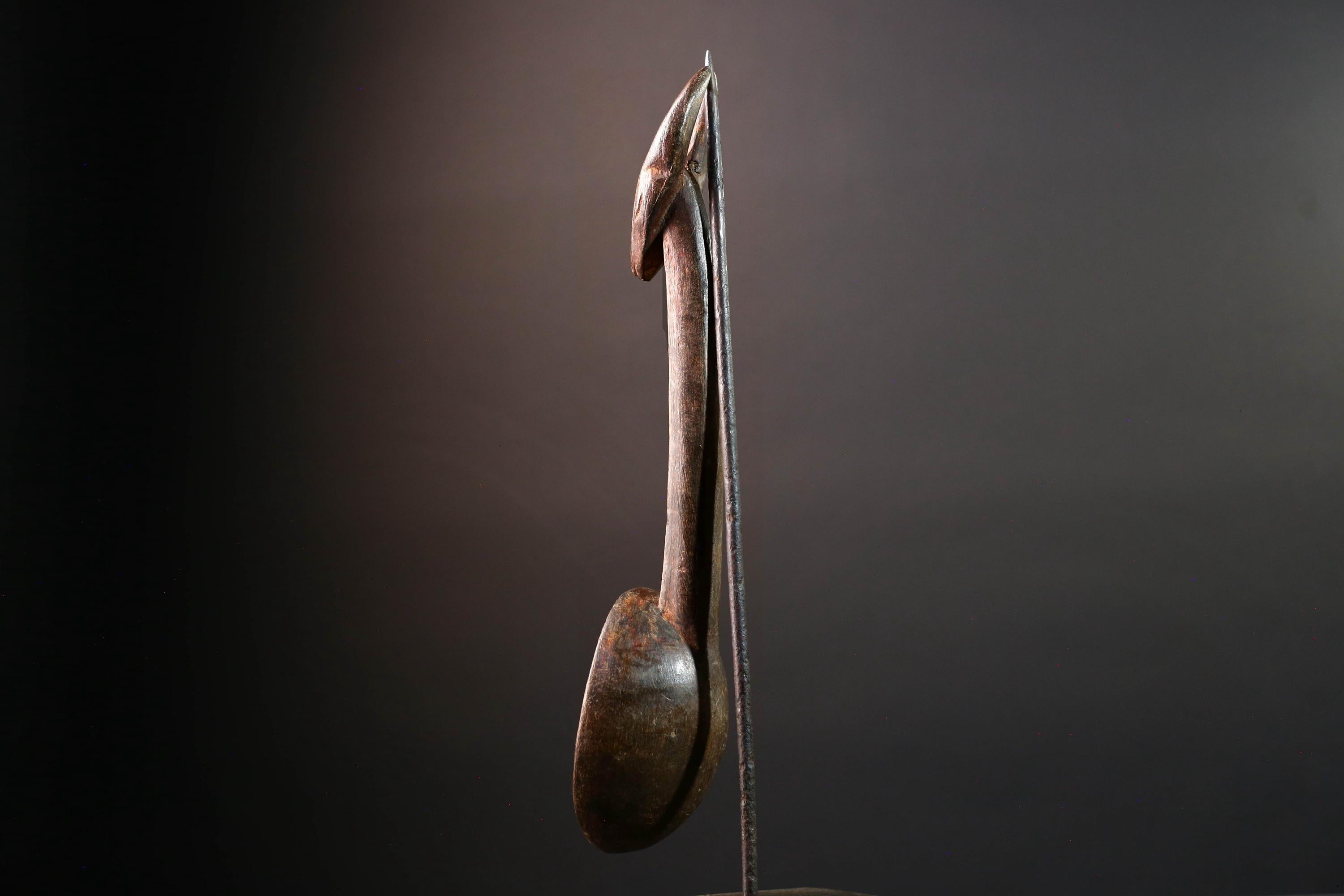 African ceremonial spoon Dan carving with horned animal head long handle tribal prestige ladle art wooden decorative African utensil-G5552