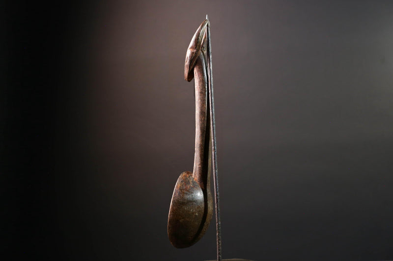 African ceremonial spoon Dan carving with horned animal head long handle tribal prestige ladle art wooden decorative African utensil-G5552