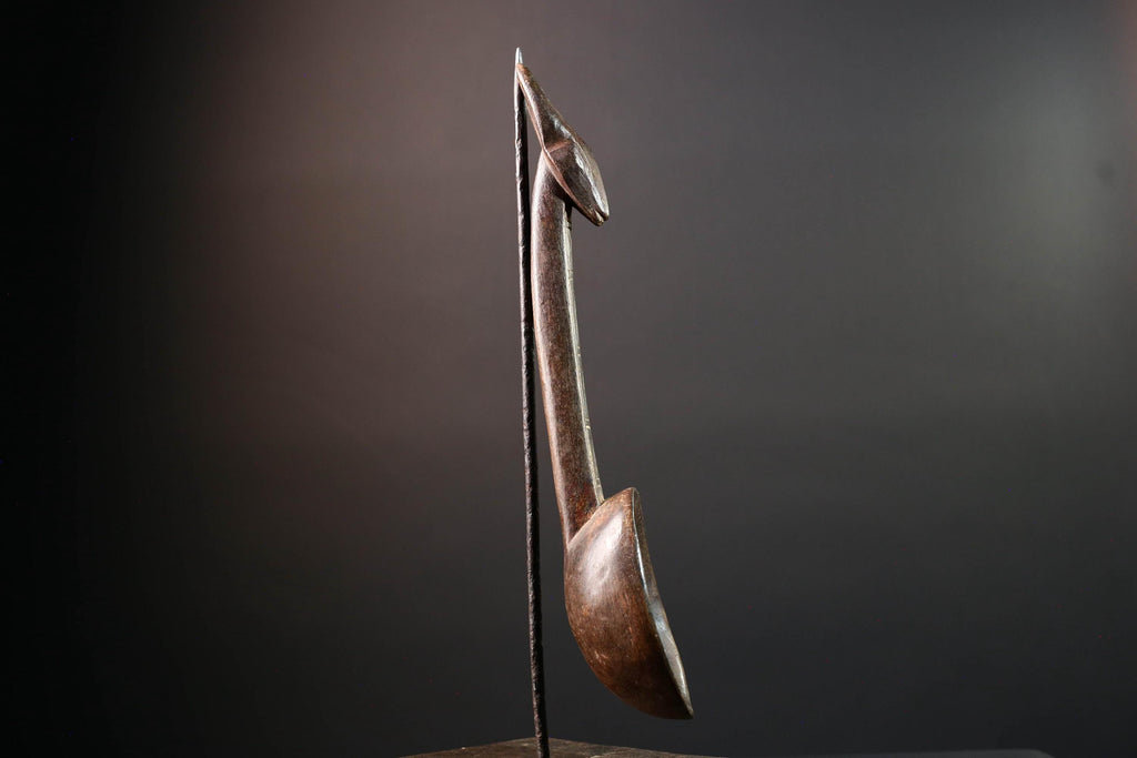 African ceremonial spoon Dan carving with horned animal head long handle tribal prestige ladle art wooden decorative African utensil-G5552