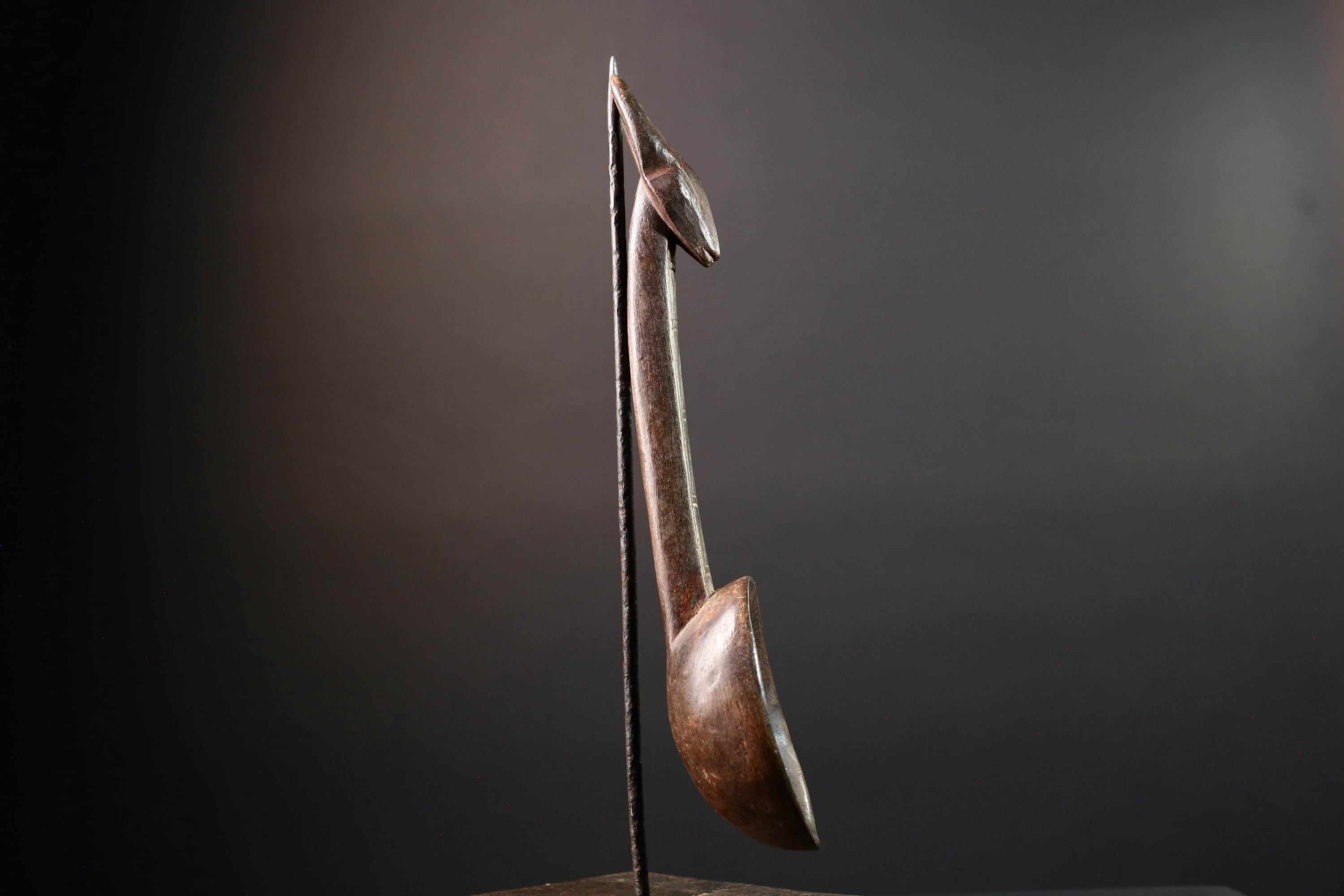 African ceremonial spoon Dan carving with horned animal head long handle tribal prestige ladle art wooden decorative African utensil-G5552