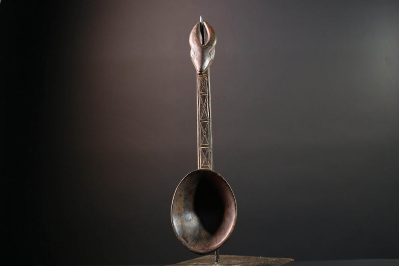 African ceremonial spoon Dan carving with horned animal head long handle tribal prestige ladle art wooden decorative African utensil-G5552