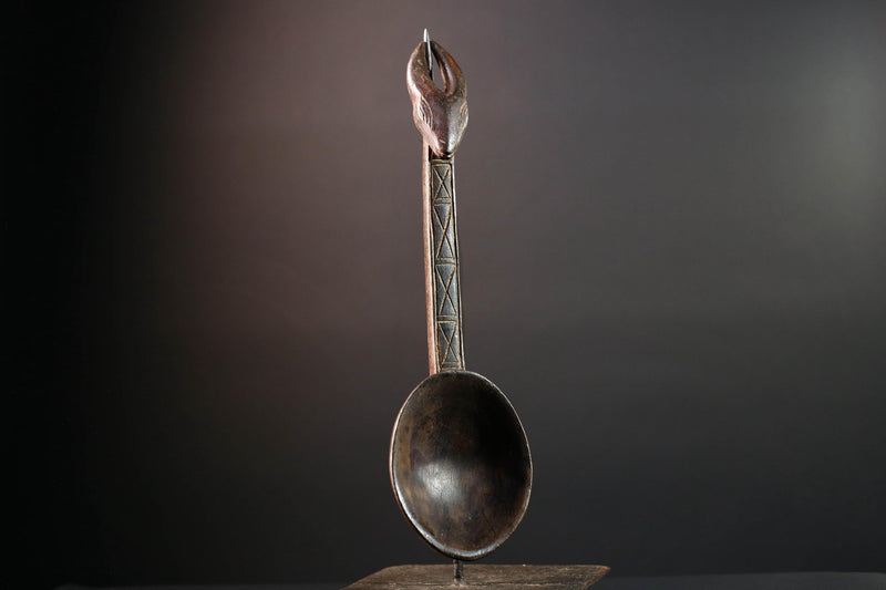 African ceremonial spoon Dan carving with horned animal head long handle tribal prestige ladle art wooden decorative African utensil-G5552