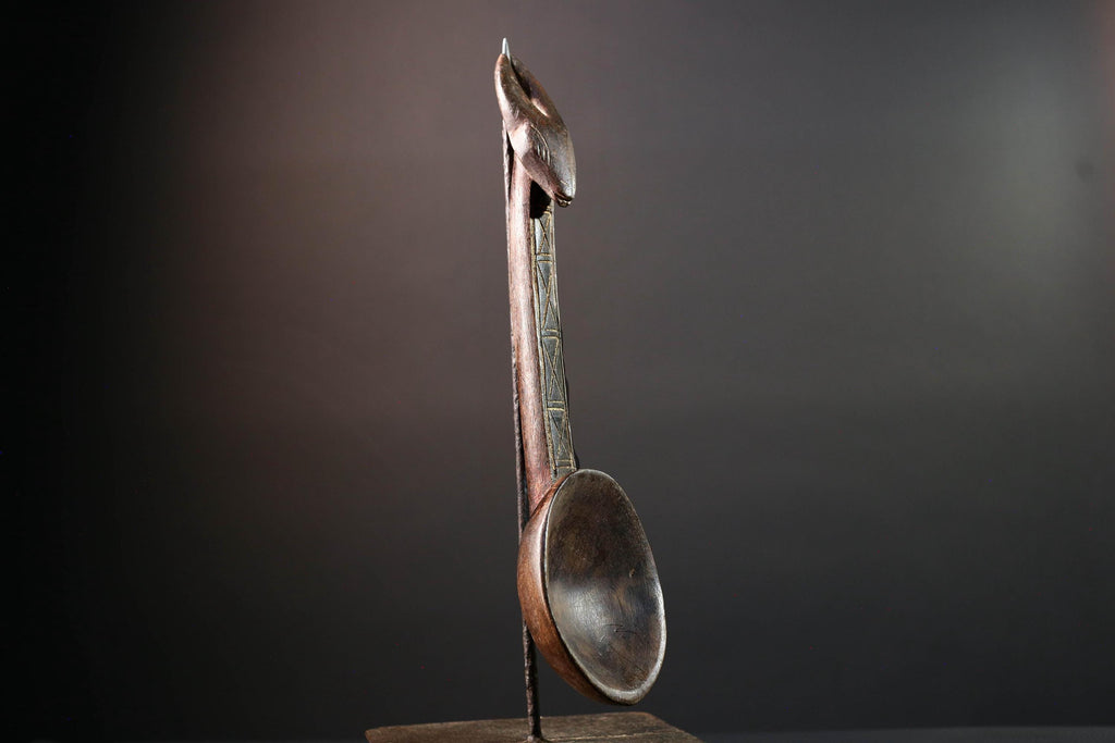 African ceremonial spoon Dan carving with horned animal head long handle tribal prestige ladle art wooden decorative African utensil-G5552