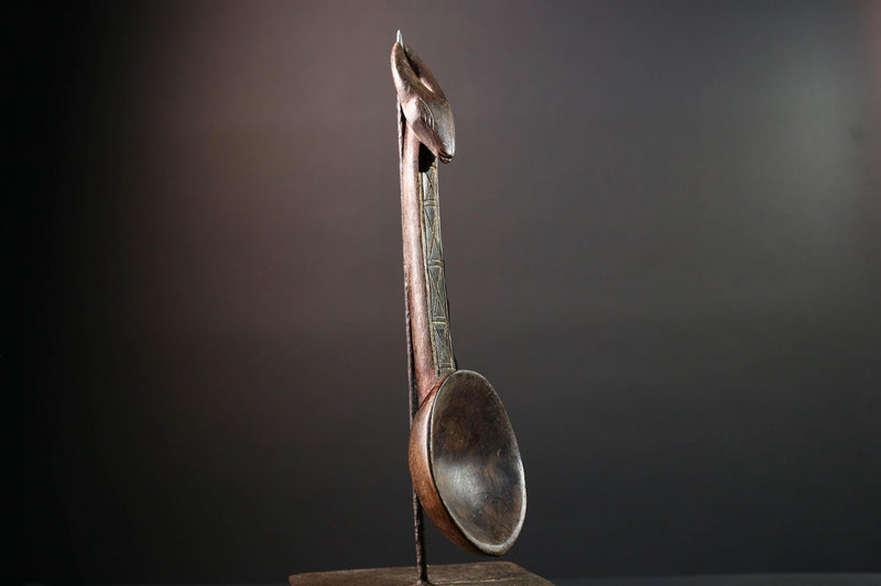 African ceremonial spoon Dan carving with horned animal head long handle tribal prestige ladle art wooden decorative African utensil-G5552