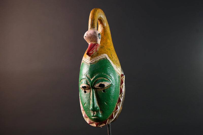 African mask Guro carving with bird crest green tribal face handmade spiritual decor red zigzag wall art wood sculpture tribal design-G5551