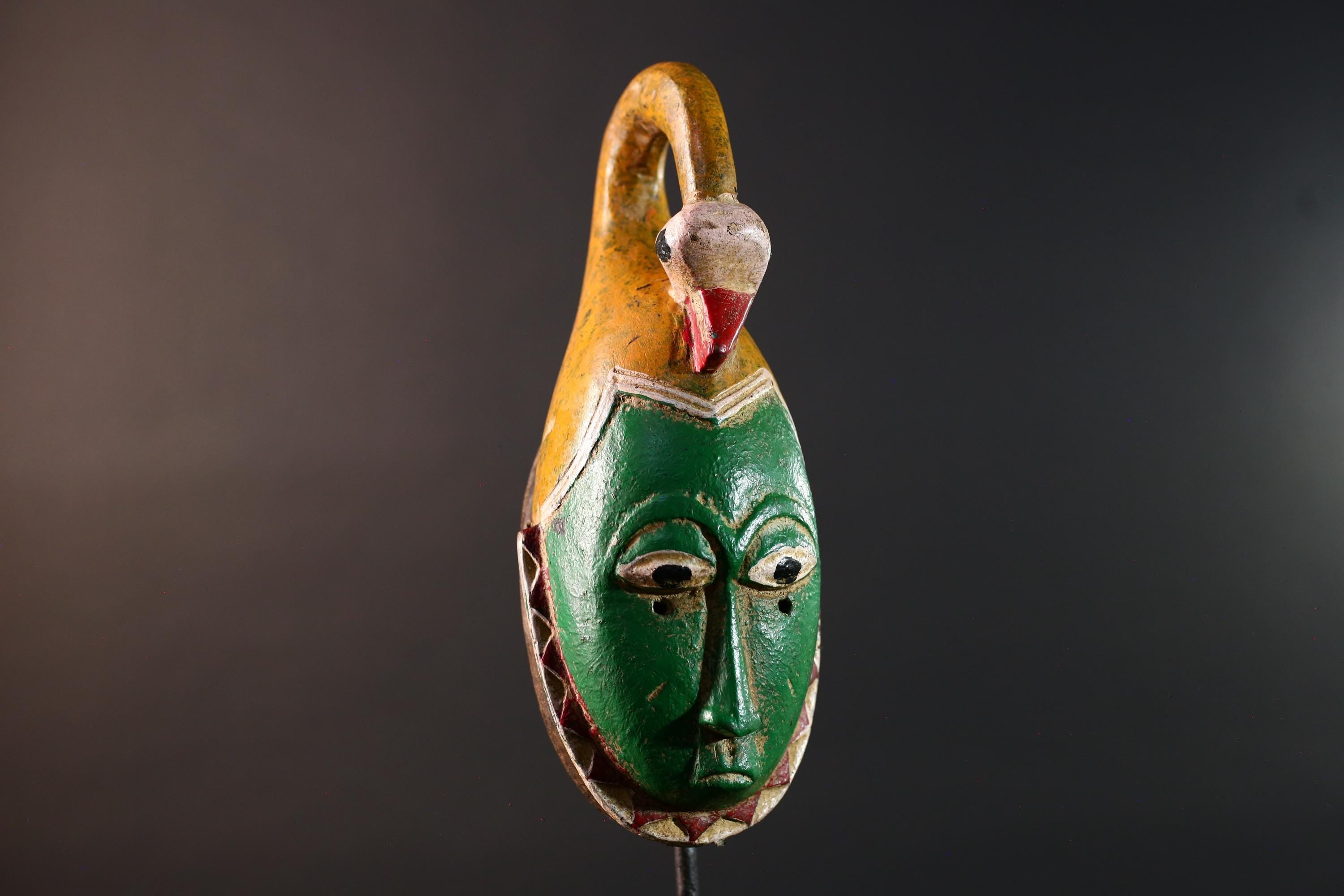 African mask Guro carving with bird crest green tribal face handmade spiritual decor red zigzag wall art wood sculpture tribal design-G5551