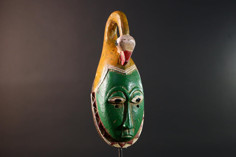 African mask Guro carving with bird crest green tribal face handmade spiritual decor red zigzag wall art wood sculpture tribal design-G5551