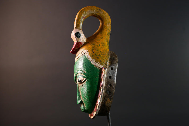 African mask Guro carving with bird crest green tribal face handmade spiritual decor red zigzag wall art wood sculpture tribal design-G5551