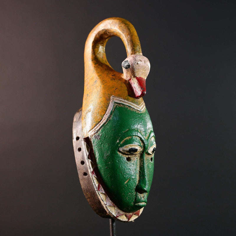 African mask Guro carving with bird crest green tribal face handmade spiritual decor red zigzag wall art wood sculpture tribal design-G5551