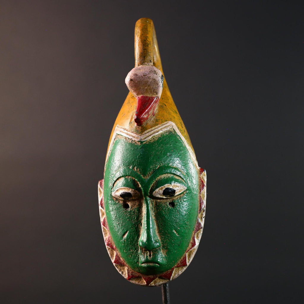 African mask Guro carving with bird crest green tribal face handmade spiritual decor red zigzag wall art wood sculpture tribal design-G5551