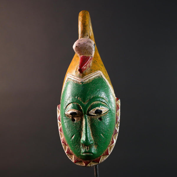 African mask Guro carving with bird crest green tribal face handmade spiritual decor red zigzag wall art wood sculpture tribal design-G5551