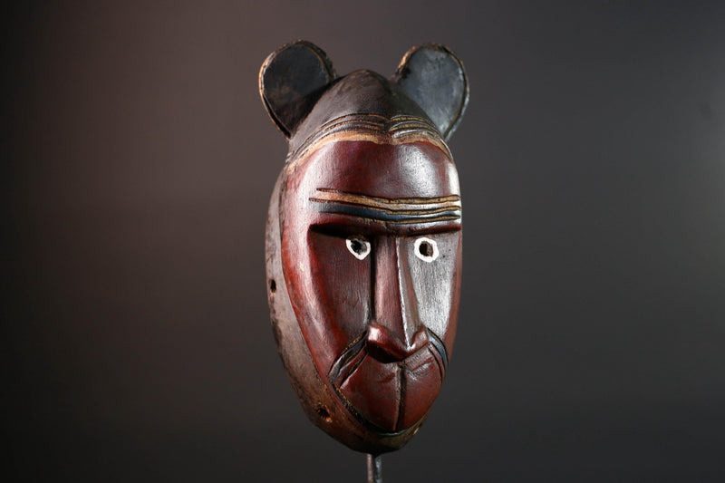 African mask Baule carving with animal ears red brown face tribal spirit wall decor hand carved wood sculpture spiritual home art-G5550