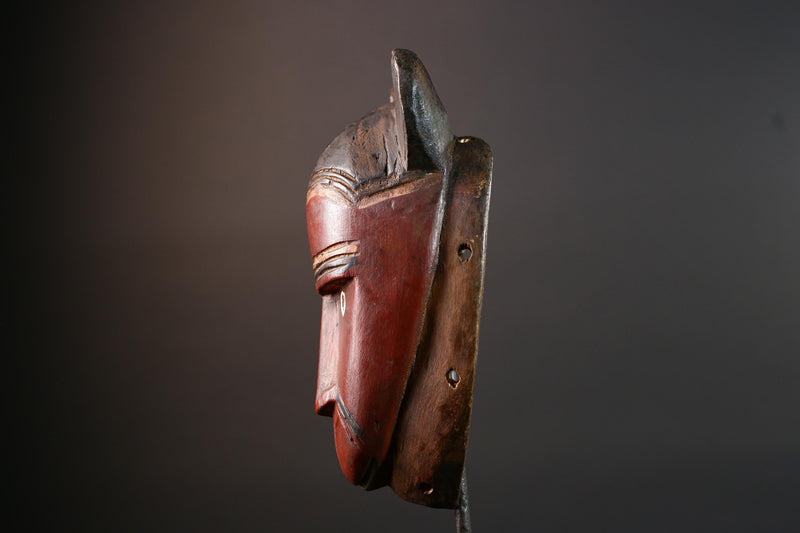 African mask Baule carving with animal ears red brown face tribal spirit wall decor hand carved wood sculpture spiritual home art-G5550
