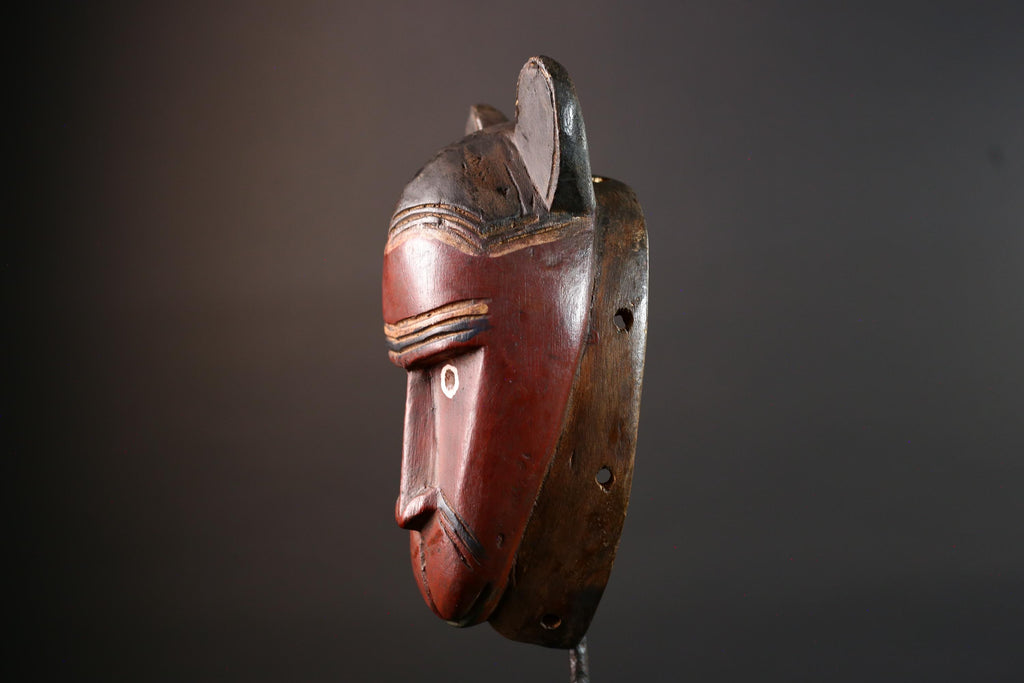 African mask Baule carving with animal ears red brown face tribal spirit wall decor hand carved wood sculpture spiritual home art-G5550
