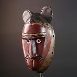 African mask Baule carving with animal ears red brown face tribal spirit wall decor hand carved wood sculpture spiritual home art-G5550