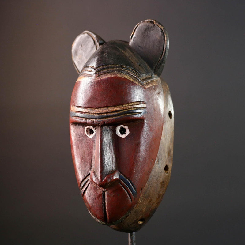 African mask Baule carving with animal ears red brown face tribal spirit wall decor hand carved wood sculpture spiritual home art-G5550