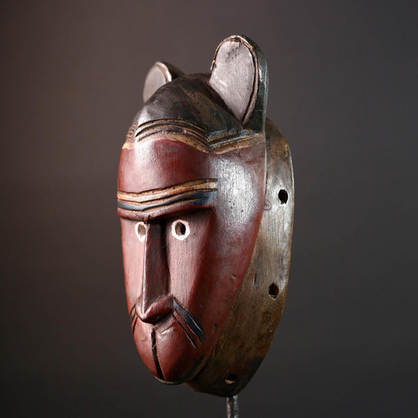 African mask Baule carving with animal ears red brown face tribal spirit wall decor hand carved wood sculpture spiritual home art-G5550