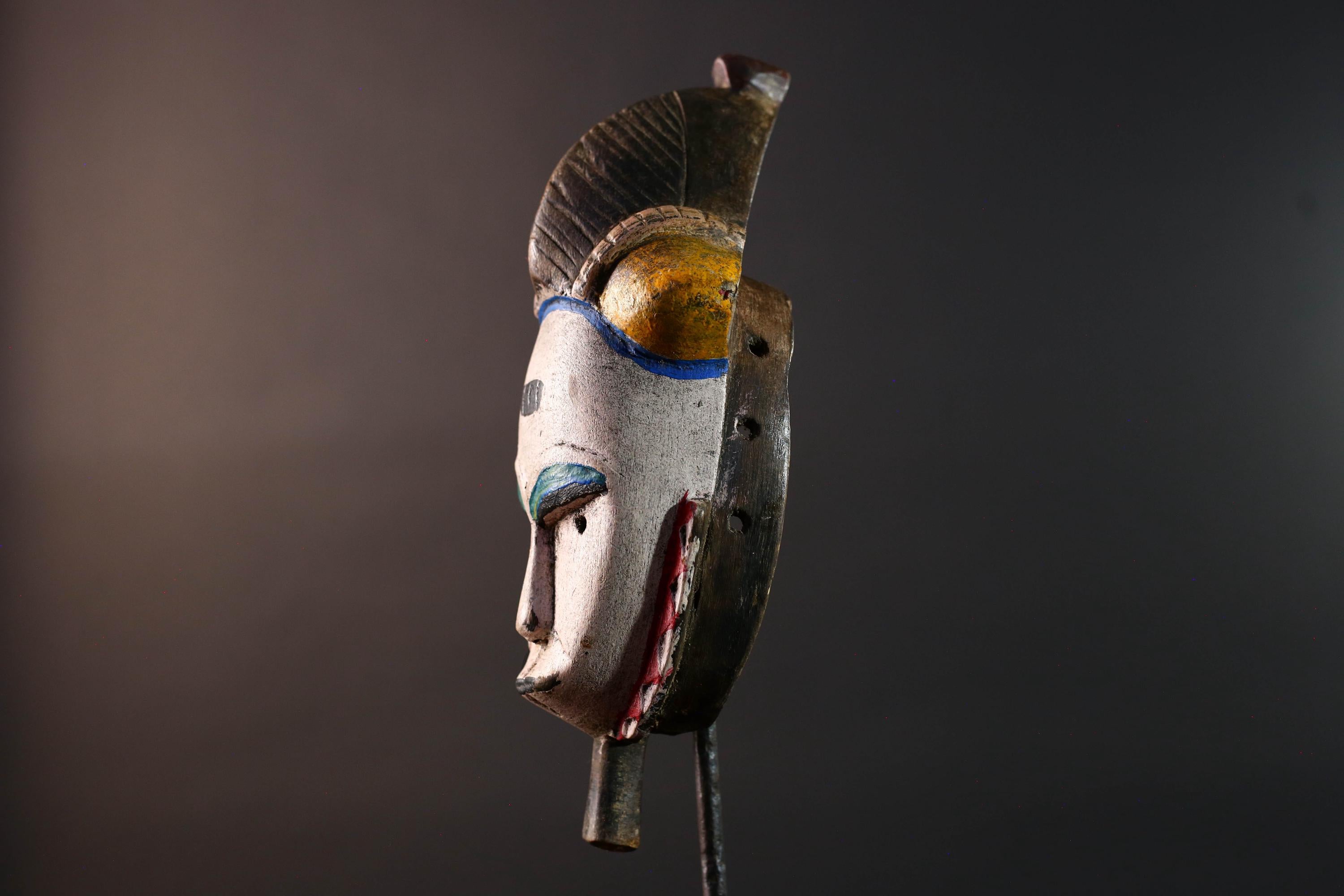African mask Baule white face with horn crest red triangle trim green blue paint tribal wall decor spiritual carving wood sculpture-G5549