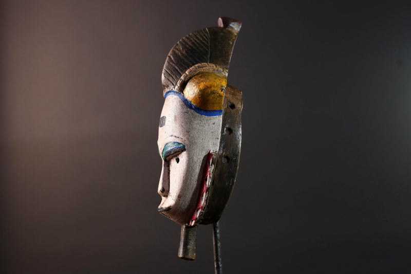 African mask Baule white face with horn crest red triangle trim green blue paint tribal wall decor spiritual carving wood sculpture-G5549