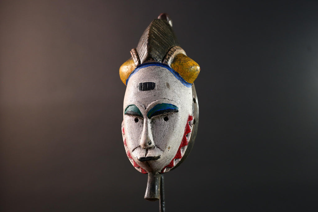African mask Baule white face with horn crest red triangle trim green blue paint tribal wall decor spiritual carving wood sculpture-G5549