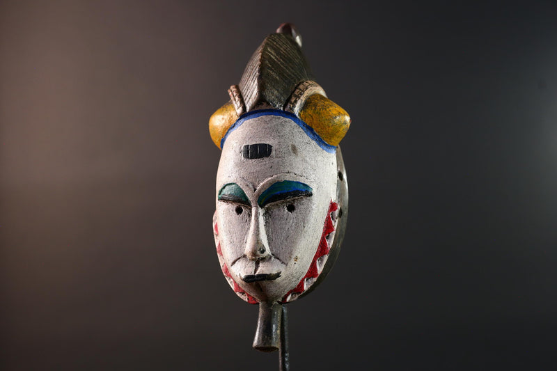African mask Baule white face with horn crest red triangle trim green blue paint tribal wall decor spiritual carving wood sculpture-G5549