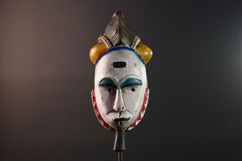African mask Baule white face with horn crest red triangle trim green blue paint tribal wall decor spiritual carving wood sculpture-G5549