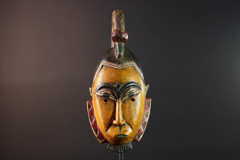African mask Guro carving yellow face with animal crest red white triangle trim tribal wall decor wood sculpture spiritual art-G5548
