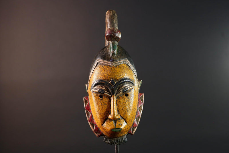 African mask Guro carving yellow face with animal crest red white triangle trim tribal wall decor wood sculpture spiritual art-G5548