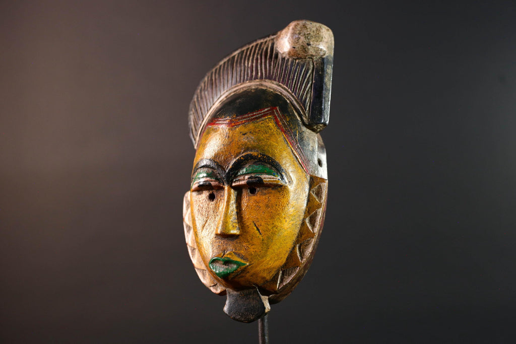 African mask Baule carving yellow face with leaf crest green lips red triangle trim tribal wall art wood sculpture spiritual decor-G5547