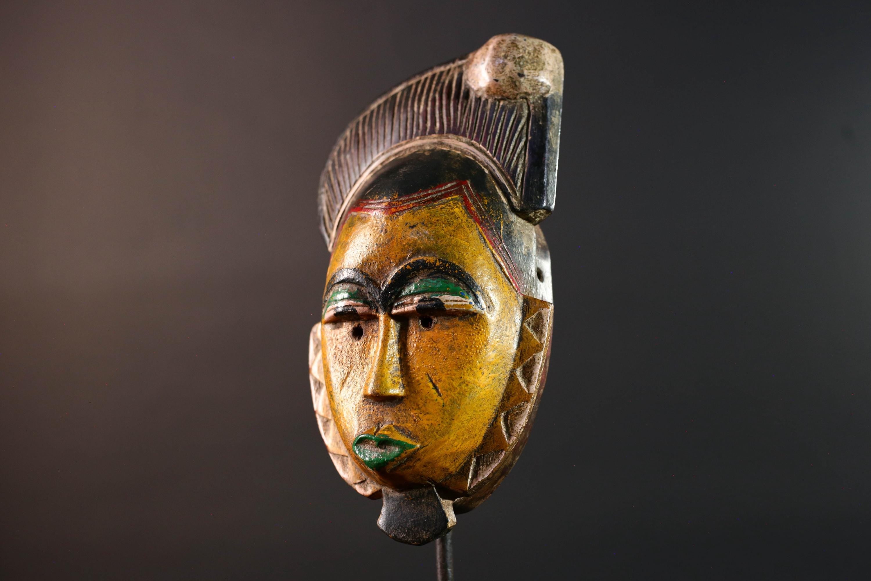 African mask Baule carving yellow face with leaf crest green lips red triangle trim tribal wall art wood sculpture spiritual decor-G5547