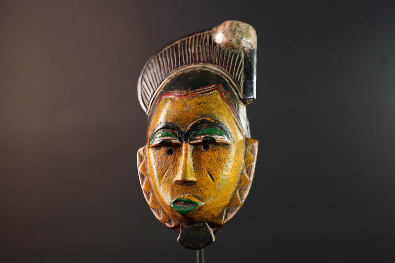 African mask Baule carving yellow face with leaf crest green lips red triangle trim tribal wall art wood sculpture spiritual decor-G5547