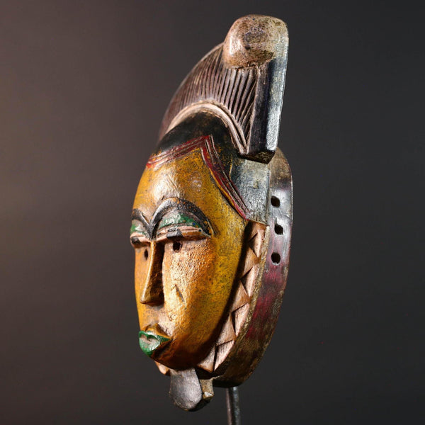 African mask Baule carving yellow face with leaf crest green lips red triangle trim tribal wall art wood sculpture spiritual decor-G5547