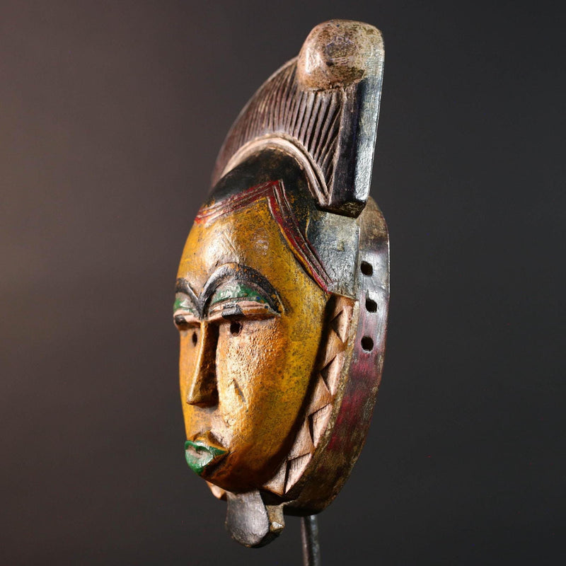 African mask Baule carving yellow face with leaf crest green lips red triangle trim tribal wall art wood sculpture spiritual decor-G5547