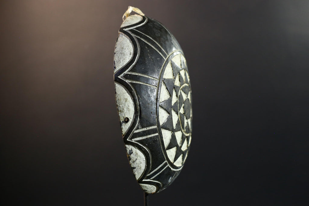 African Bamileke tribal shield wall decor hand carved Cameroon art geometric wood pattern ceremonial ethnic design interior accent-G5362