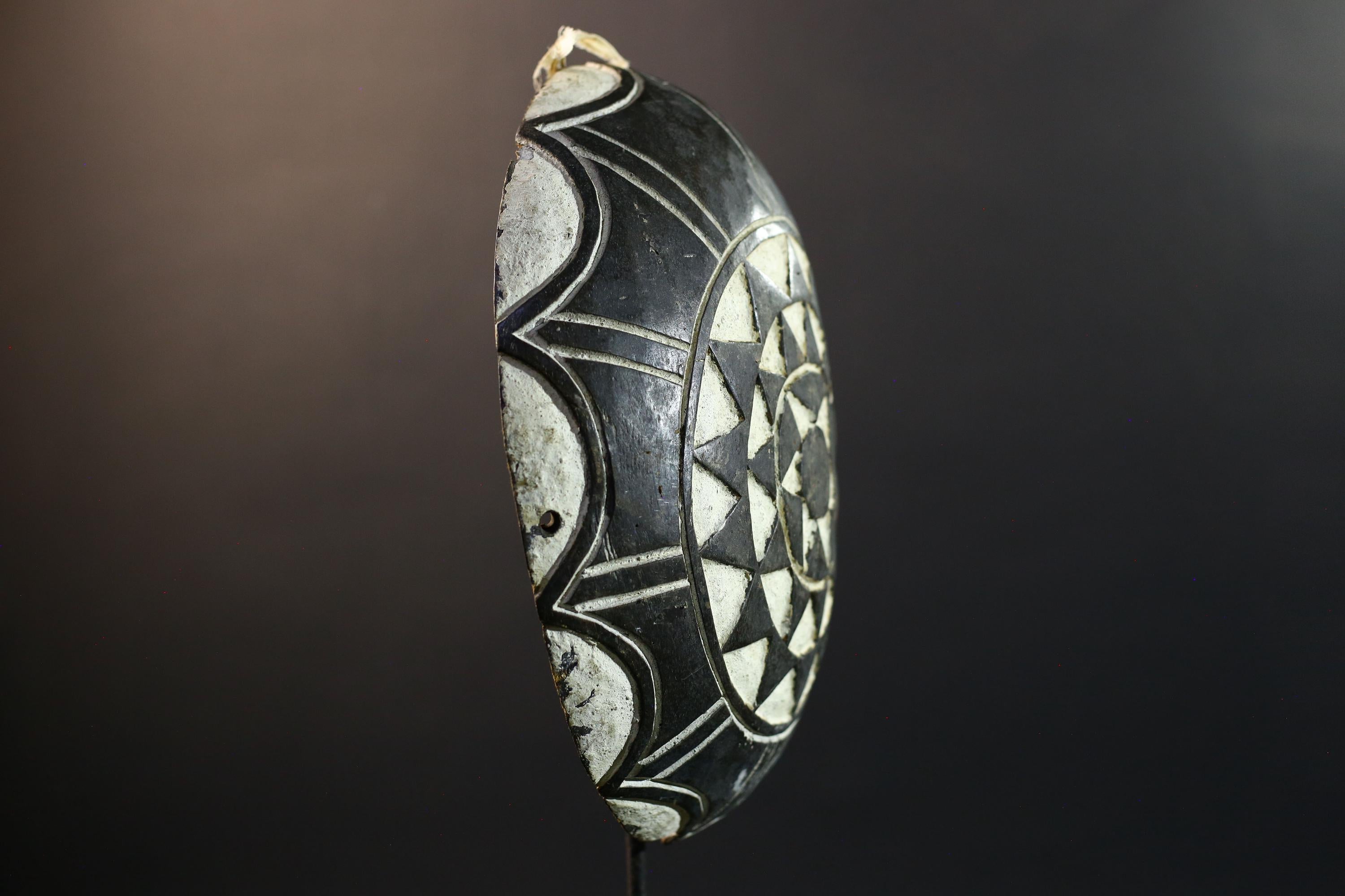 African Bamileke tribal shield wall decor hand carved Cameroon art geometric wood pattern ceremonial ethnic design interior accent-G5362