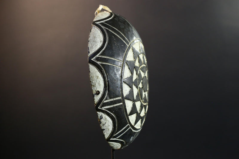 African Bamileke tribal shield wall decor hand carved Cameroon art geometric wood pattern ceremonial ethnic design interior accent-G5362
