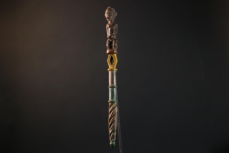 African ceremonial staff carved tribal ritual decor wood sculpture ethnic symbol African figure pole African art primitive stick decor-G5376