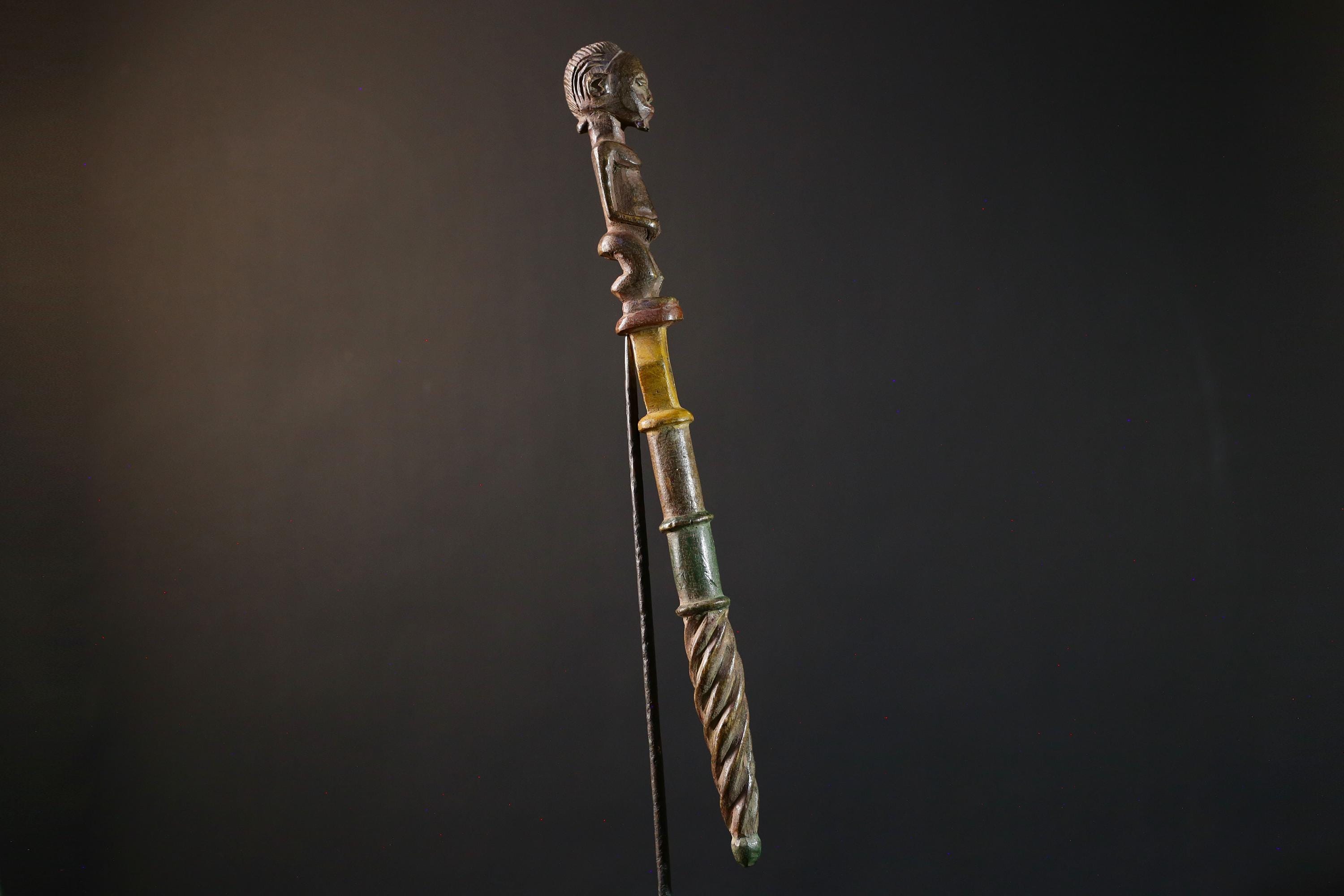 African ceremonial staff carved tribal ritual decor wood sculpture ethnic symbol African figure pole African art primitive stick decor-G5376