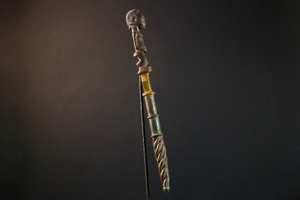 African ceremonial staff carved tribal ritual decor wood sculpture ethnic symbol African figure pole African art primitive stick decor-G5376