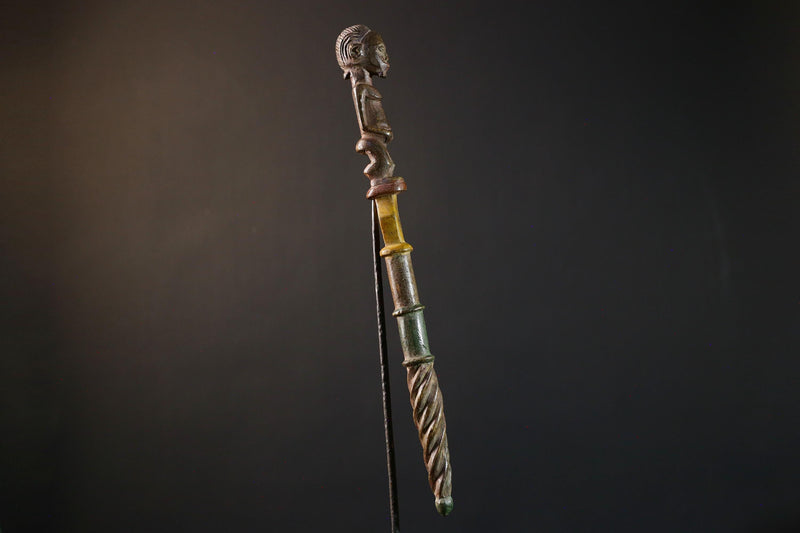 African ceremonial staff carved tribal ritual decor wood sculpture ethnic symbol African figure pole African art primitive stick decor-G5376