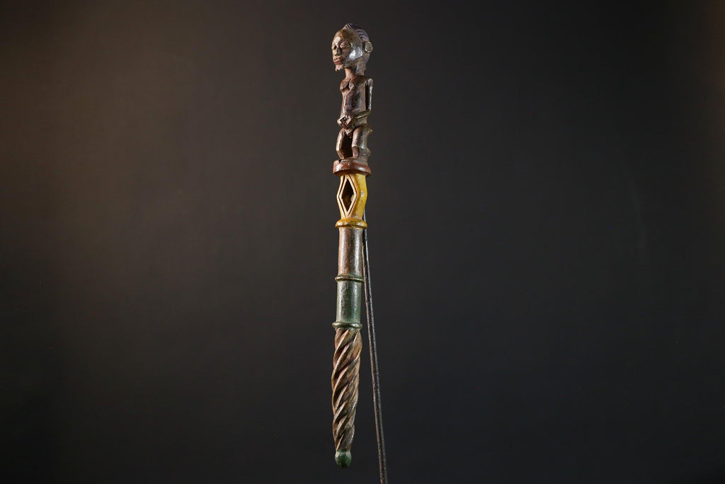 African ceremonial staff carved tribal ritual decor wood sculpture ethnic symbol African figure pole African art primitive stick decor-G5376