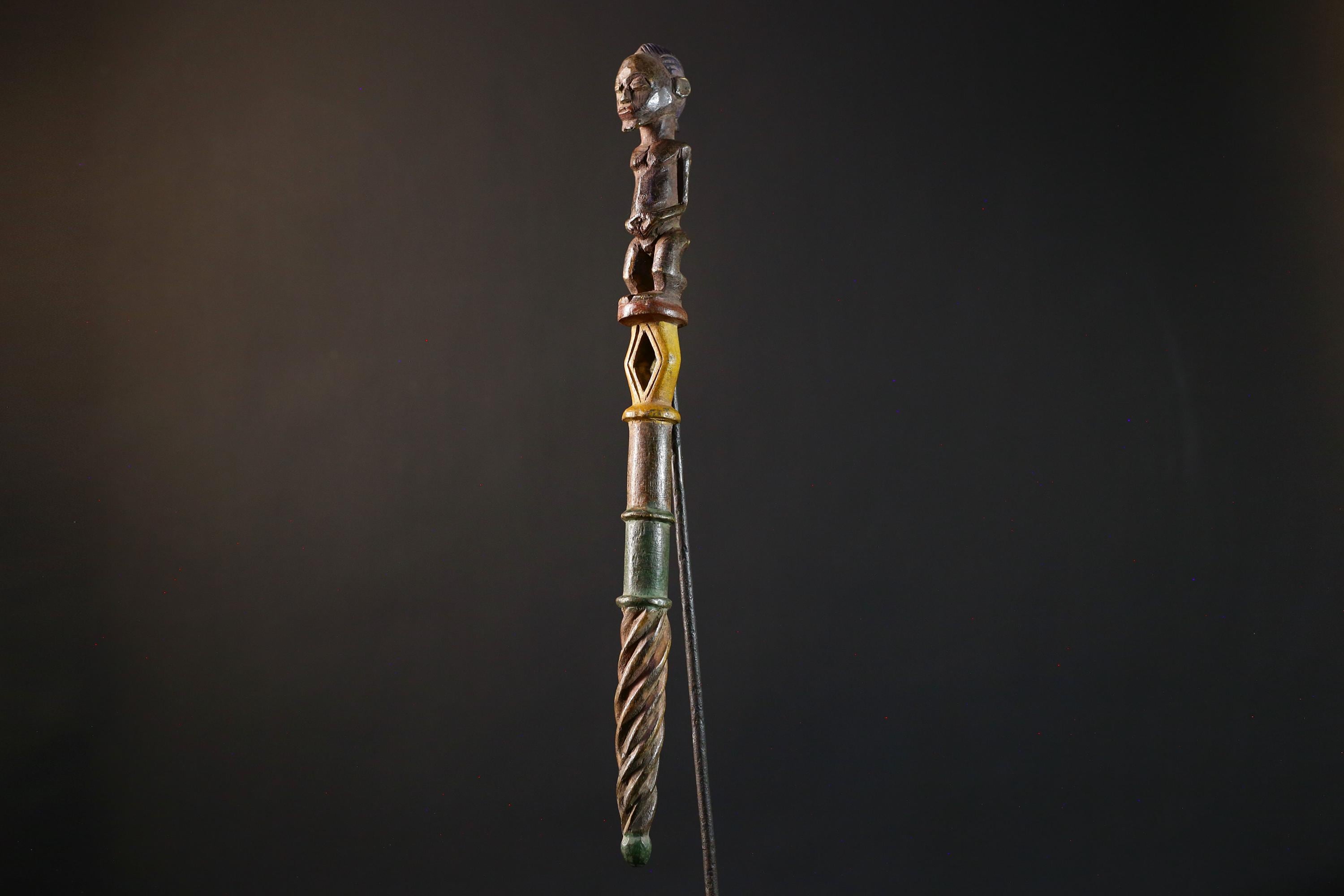 African ceremonial staff carved tribal ritual decor wood sculpture ethnic symbol African figure pole African art primitive stick decor-G5376