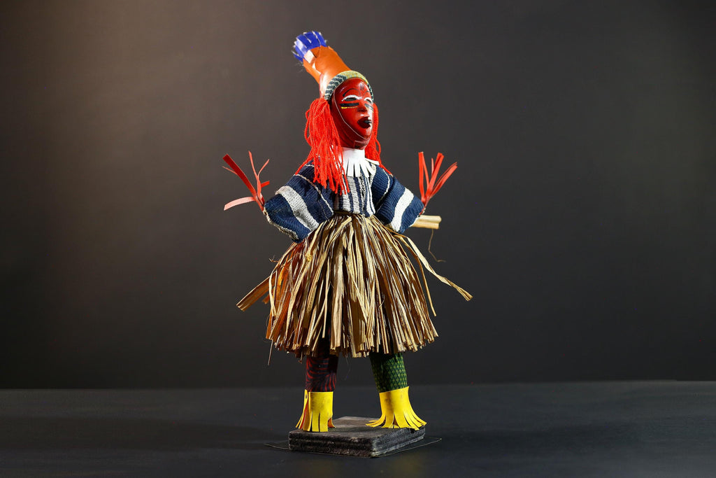 African dance doll red raffia costume tribal art handmade decor colorful figure West African festival carving cultural shelf display-G5375