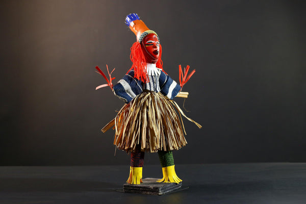 African dance doll red raffia costume tribal art handmade decor colorful figure West African festival carving cultural shelf display-G5375