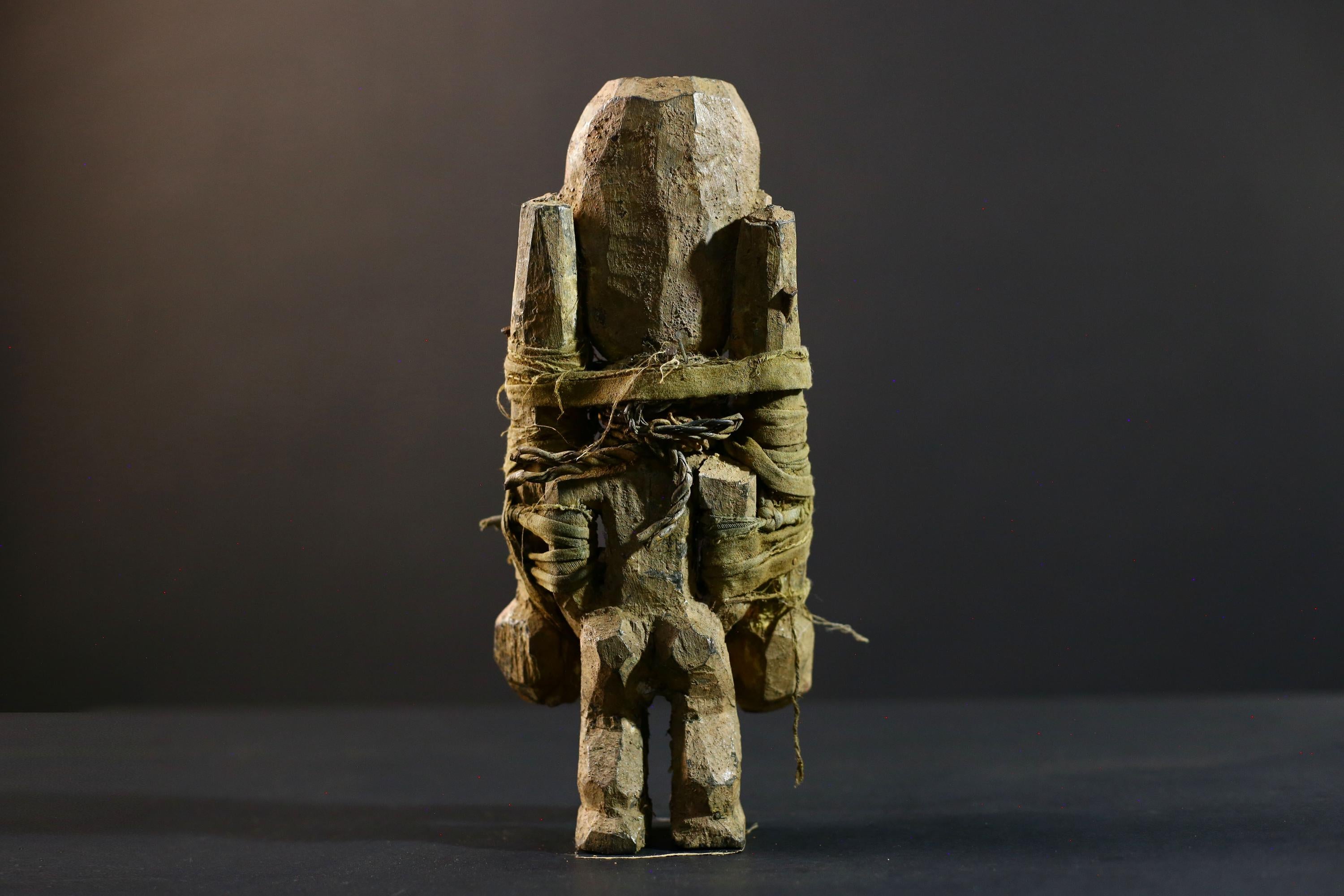 African Songye fetish figure wood sculpture power carving tribal statue ritual art Congo magic doll protection totem fiber bound decor-G5374