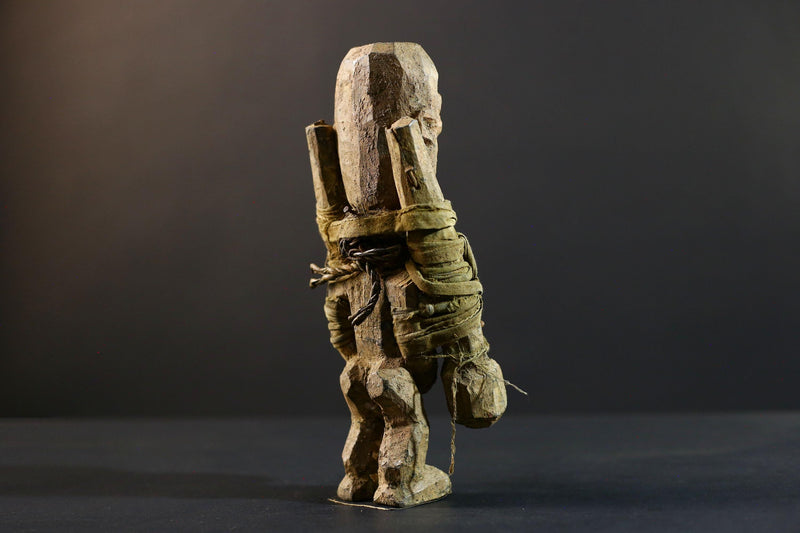 African Songye fetish figure wood sculpture power carving tribal statue ritual art Congo magic doll protection totem fiber bound decor-G5374