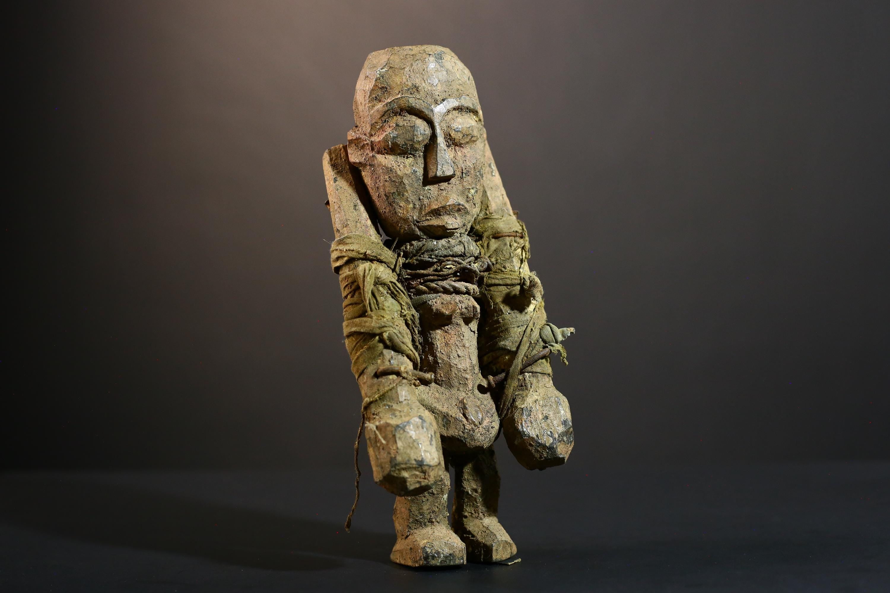 African Songye fetish figure wood sculpture power carving tribal statue ritual art Congo magic doll protection totem fiber bound decor-G5374