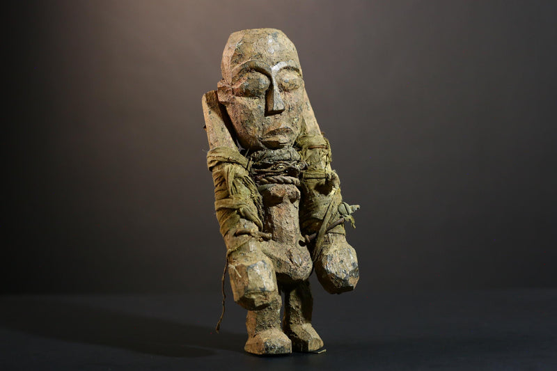 African Songye fetish figure wood sculpture power carving tribal statue ritual art Congo magic doll protection totem fiber bound decor-G5374