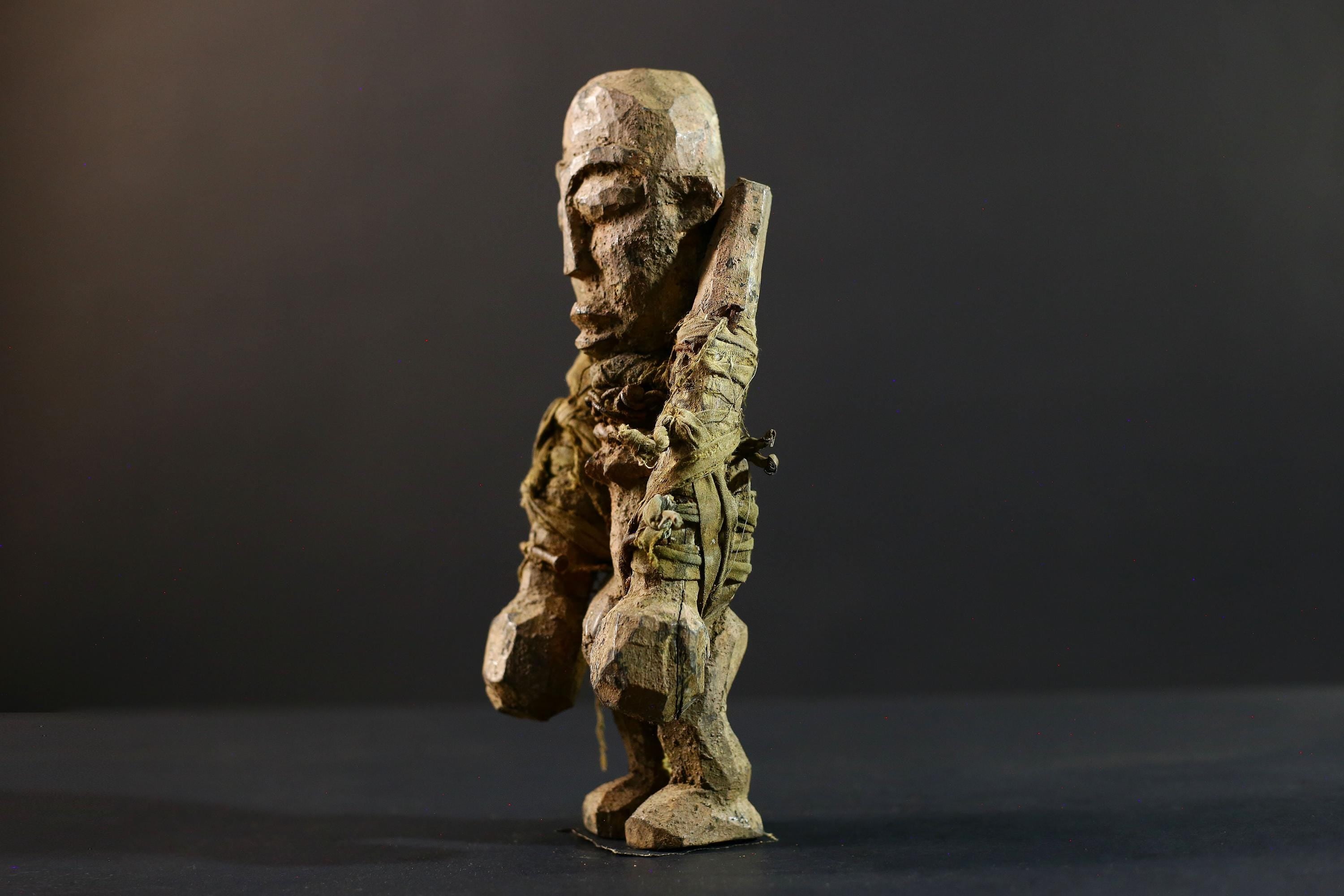 African Songye fetish figure wood sculpture power carving tribal statue ritual art Congo magic doll protection totem fiber bound decor-G5374